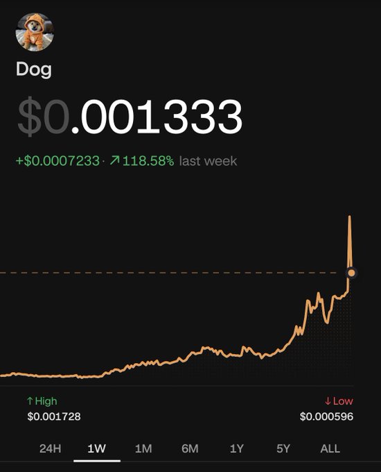 A cryptocurrency chart for the token named 'Dog' shows a price of $0.001333, with a weekly increase of +118.58% marked by a small dog in a spacesuit.
