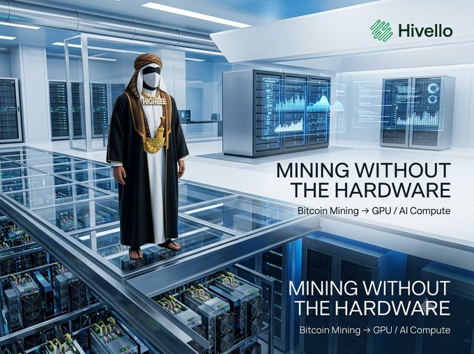 An advertisement for "Hivello" shows a figure in traditional Middle Eastern attire standing in a futuristic data center, with text reading "MINING WITHOUT THE HARDWARE - Bitcoin Mining → GPU / AI Compute."