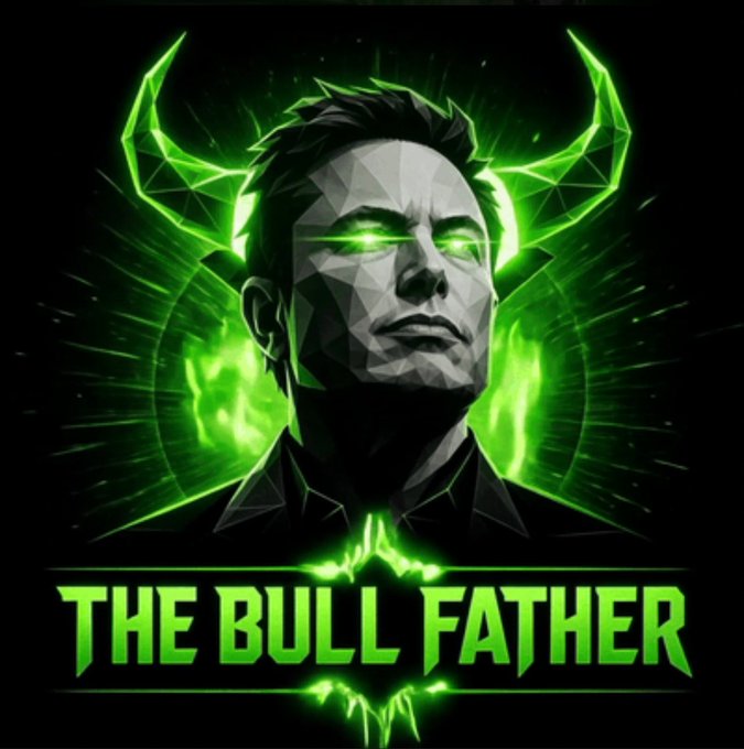 A gaming logo with a polygonal man's face featuring glowing green eyes and horn-like shapes, with bold green text reading 'THE BULL FATHER'.