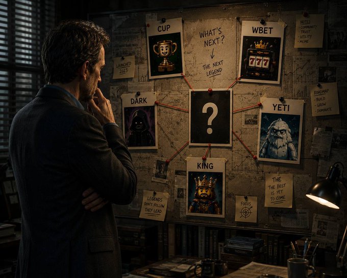 A man stands thoughtfully before a conspiracy-style corkboard mapping out a casino-themed crypto project, featuring cards labeled "CUP," "WBET," "DARK," "YETI," and "KING" connected by red strings to a central question mark. Handwritten notes reference "WHAT'S NEXT? THE NEXT LEGEND," a "777" slot machine, and "ROADMAP," tying into the post's $KING token giveaway for @RiseOfKingdomX.