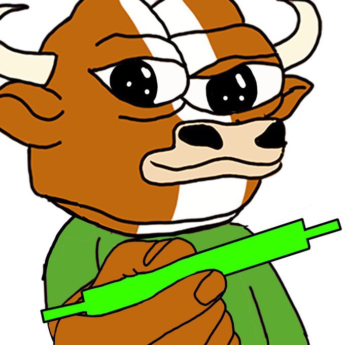 The image features an illustration depicting a brown cow wearing green gloves, holding a green pencil or pen in its hand. The drawing has the caption "$BTC about to pull a $HOOD imo $HOOD chopped in the $70 range in an accumulation pattern for months, then boom, now it's $94 $BTC same thing with $70k range, then boom $94k in a quick amount of time now imagine what alts would do with how weak $BTC.D looks... just my opinion".