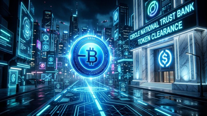 A futuristic cyberpunk cityscape at night features a glowing Bitcoin symbol in the center alongside prominent signage reading "CIRCLE NATIONAL TRUST BANK" and "TOKEN CLEARANCE." The image visually reinforces the post's message about regulatory clearance for digital assets like the $BASE token, depicting a blockchain-enabled financial future now unblocked by the SEC's new framework.