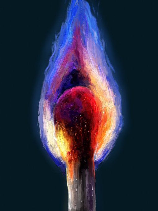 A digital painting of a vibrant flame with a dark cherry or sphere at its center, surrounded by blue, red, orange, and yellow fire against a black background.