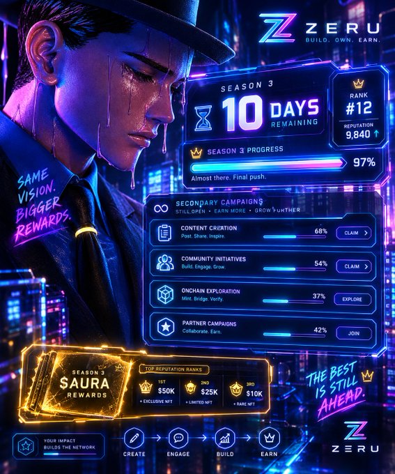 Zeru Season 3 promotional graphic showing 10 days remaining, 97% progress, rank #12 with 9,840 reputation, featuring secondary campaigns for content creation (68%), community initiatives (54%), onchain exploration (37%), and partner campaigns (42%).