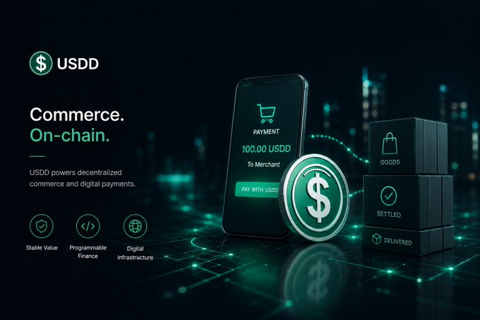 A digital advertisement for USDD cryptocurrency displaying 'Commerce. On-chain.' with a smartphone showing a 100.00 USDD payment, alongside icons for 'Stable Value', 'Programmable Finance', and 'Digital Infrastructure'.