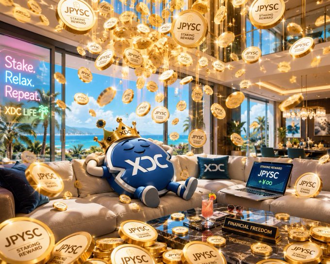 The image shows a cartoon XDC mascot wearing a crown lounging on a couch in a luxurious ocean-view living room, surrounded by floating golden "JPYSC STAKING REWARD" coins, with a laptop displaying "+¥00" and a "FINANCIAL FREEDOM" book, along with a neon sign reading "Stake. Relax. Repeat. XDC LIFE🌴."

This visualizes the post's aspiration of a passive-income "XDC Life" powered by JPYSC staking rewards, with the relaxed crowned mascot and ocean-view setting symbolizing the dream of financial freedom through crypto that the author hopes will become reality once XDC's price rises.