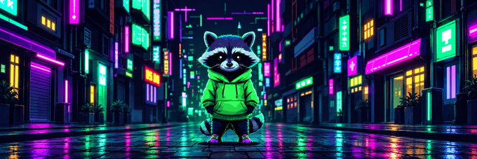 A neon-lit cyberpunk-style illustration of a raccoon character wearing a green hoodie, standing on a wet street surrounded by glowing pink, green, and purple signage and buildings.