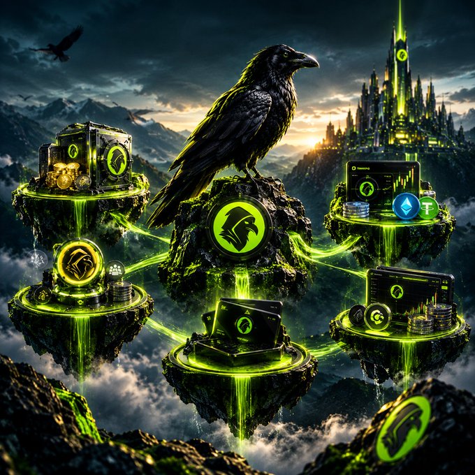 A fantasy digital artwork featuring a black raven perched on a mossy rock, surrounded by floating platforms displaying various cryptocurrency logos and digital treasure, set against a mountainous landscape with a glowing castle.