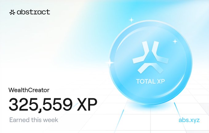 A promotional graphic for the Abstract platform showing a 'WealthCreator' earning '325,559 XP' this week with a glowing blue 'TOTAL XP' badge and the abs.xyz logo.