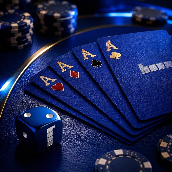 The image features a blue poker deck with four playing cards, including two aces, sitting on top of a table surrounded by various casino chips. The text "Every hand looks bullish on Base" suggests that the game being played is likely blackjack or similar card-based games where players aim to get as close to 21 points without going over.

The post seems to be promoting a specific type of poker game, possibly involving the use of blue poker decks and casino chips with gold accents. The image captures the essence of the game's theme and encourages viewers to engage in similar gameplay experiences.