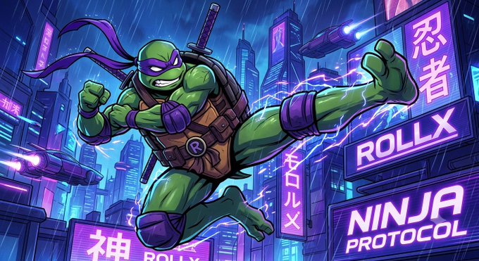 A vibrant cyberpunk illustration features a Teenage Mutant Ninja Turtle leaping dynamically through a neon-lit Tokyo-style cityscape, with prominent signage reading 'ROLLX NINJA PROTOCOL' and Japanese characters (忍者) glowing in the background.