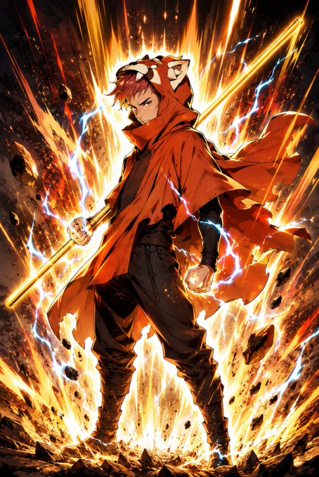 An anime-style illustration of a red-haired character in a red cloak wielding a glowing staff amidst flames and lightning.