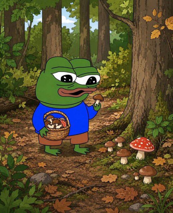 A Pepe-style frog character in a blue shirt holds a basket of mushrooms while examining one in a forest, paired with a post announcing a new token launch called "$Apu on Robinhood," tying the meme's familiar imagery to the promotion of the coin and its contract address (0x6F4f73A196F0eA478fC4B45768470334b140A02e).