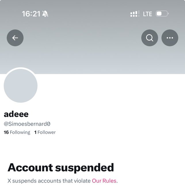 A screenshot of an X (formerly Twitter) profile page for the username "@Simoesbernard0" displaying the handle "adeeee" with 16 Following and 1 Follower, showing an "Account suspended" notice stating "X suspends accounts that violate Our Rules," tying into the post's "jobs done" caption suggesting someone successfully got the account banned.