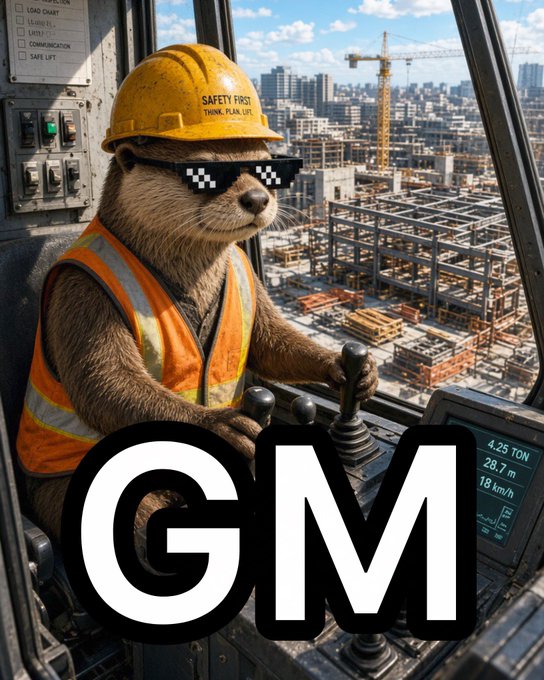 An AI-generated image of an otter wearing a yellow 'SAFETY FIRST' hard hat and pixelated sunglasses, operating a crane at a construction site, with bold 'GM' text overlaid.