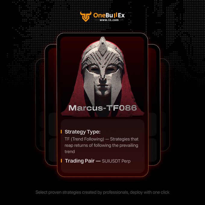 A promotional graphic for 'OneBullEx' featuring a Spartan helmet illustration and a trading card for 'Marcus-TF086', a Trend Following (TF) strategy for the 'SUIUSDT Perp' trading pair.