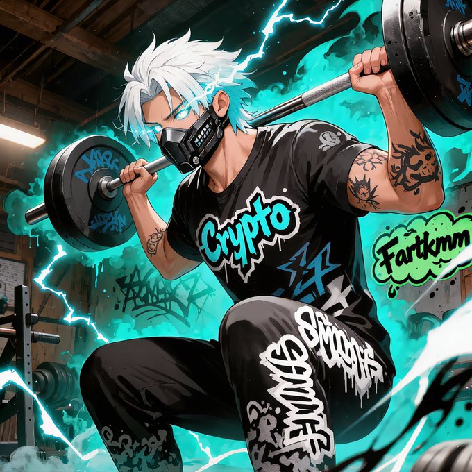 Anime-style illustration of a white-haired character wearing a mask and 'Crypto' t-shirt, lifting a barbell with 'Fartkmm' graffiti in the background and lightning effects.