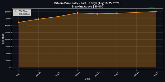 A line chart titled 'Bitcoin Price Rally' shows BTC prices rising from $64.7k on Aug 18 to $82.3k on Aug 25, 2026, breaking above the $80,000 level.