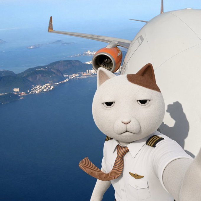 A 3D rendered anthropomorphic cat character wearing a white pilot's uniform and a striped tie, taking a selfie in front of an airplane window with a coastal landscape visible outside.