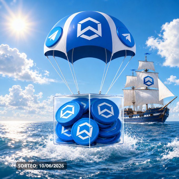The image features a large blue and white cube filled with small blue coins floating in the ocean, with a ship sailing nearby. The text in the image reads "sortseo: 10/06/2026 WAN Giveaway for 500 Join on Telegram: t.me/WanchainSpanish and tag 2 friends. Follow @WanchainSpanish and RT 4 winners 125 WAN #WAN #crypto #AIRDROP". The coins in the image are being used as a giveaway, with the ship sailing by to attract attention to the post.