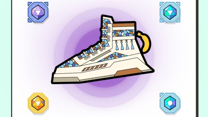 A stylized illustration features a high-top sneaker with an ornate mosaic pattern, surrounded by four colored gem icons (purple, teal, yellow, and blue), set against a swirling purple background, likely representing a rare NFT collectible from the #STEPN game. The post's mention of a 1 million yen price tag and limited supply suggests this rare sneaker NFT is highly valuable and difficult to acquire.