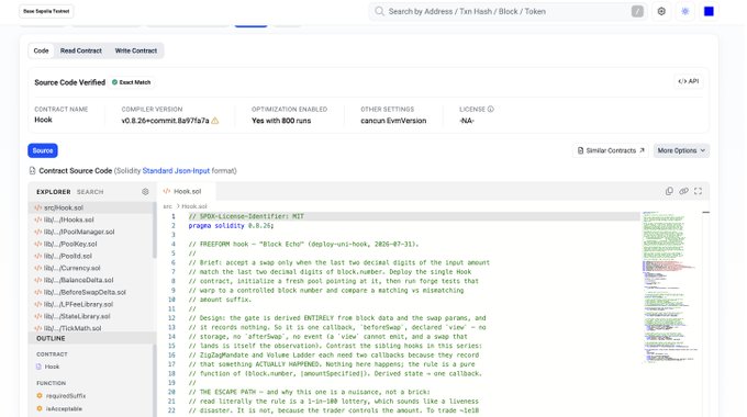 A screenshot of a smart contract explorer displaying the verified source code for the "Hook" contract (compiler v0.8.26+commit.8a9771a7) at address 0x9f4...D626, which appears to be a SPK License Identifier MIT hook built for Uniswap V4 with 800 runs optimization. The interface shows a code viewer with the "FEEFSPN Hook" implementation, illustrating the type of custom hooks the post references, though the source code is too small to read clearly.