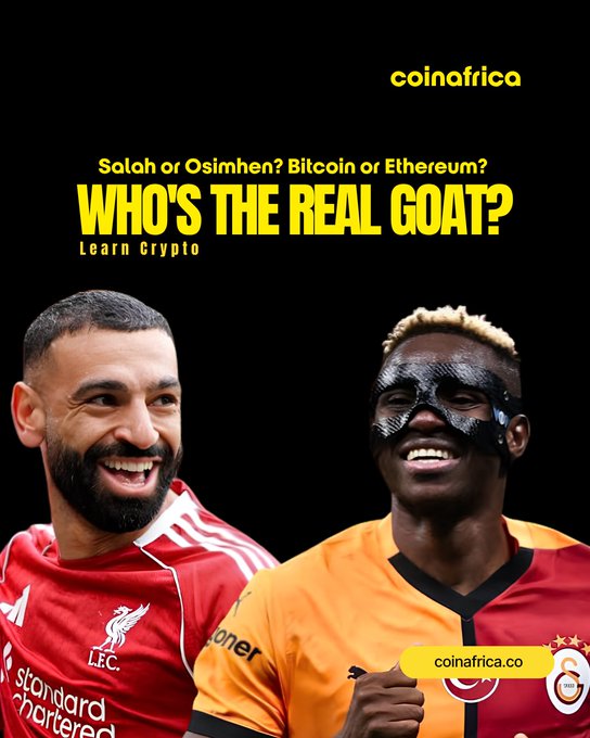 A promotional graphic from 'coinfor' asks 'WHO'S THE REAL GOAT?' comparing 'Salah or Osimhen?' to 'Bitcoin or Ethereum?', featuring photos of soccer players Mohamed Salah in a red Liverpool jersey and Victor Osimhen in a Galatasaray jersey.