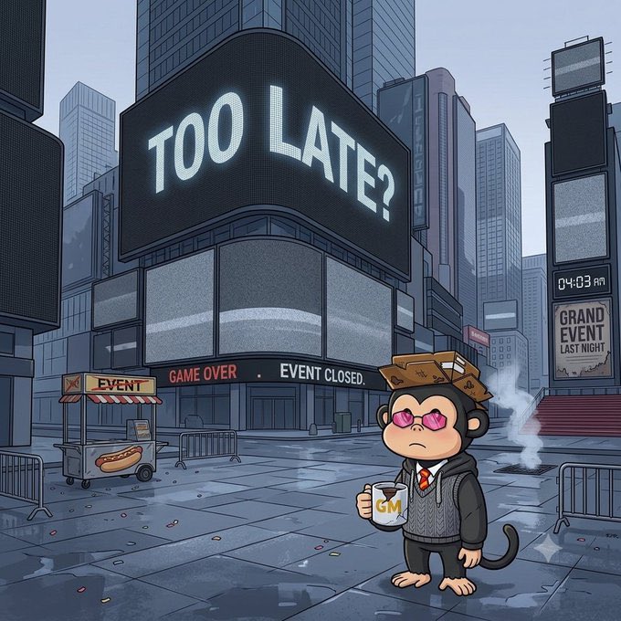 A digital illustration of a sad cartoon monkey wearing pink glasses and a sweater holding a 'GM' mug, standing in an empty city square beneath a large billboard reading 'TOO LATE?' with 'GAME OVER' and 'EVENT CLOSED' signs on the building.