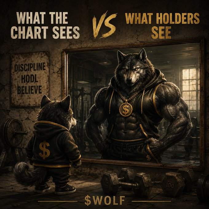 A motivational crypto graphic titled 'WHAT THE CHART SEES VS WHAT HOLDERS SEE' showing a wolf wearing a '$' medallion looking at its muscular reflection in a mirror, with signs reading 'DISCIPLINE HODL BELIEVE' and dumbbells on the floor, branded with '$WOLF'.