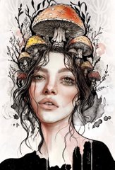 A stylized illustration of a woman with a headdress featuring mushrooms and branches, with detailed facial features against a light background.