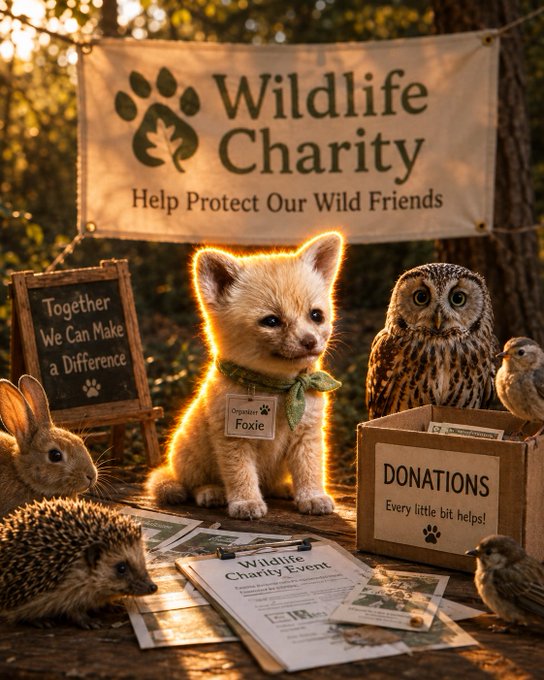 An illustration of a 'Wildlife Charity - Help Protect Our Wild Friends' event, featuring a kitten named Foxie, an owl, rabbit, hedgehog, and birds around a donation box.
