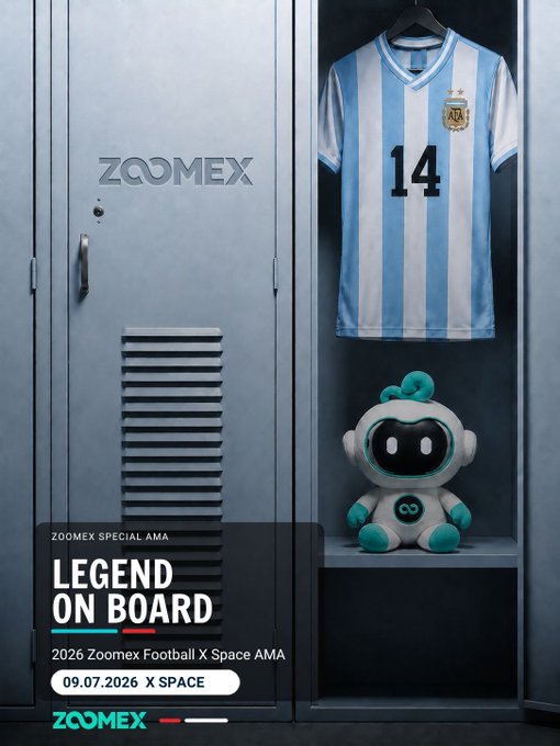 A locker displays a light blue and white striped Argentina jersey with "14" alongside a small robot mascot. Text reads "ZOOMEX SPECIAL AMA - LEGEND ON BOARD - 2026 Zoomex Football X Space AMA - 09.07.2026 X SPACE." The poster promotes a Zoomex AMA guessing game tied to football legends, linking the jersey display to the teaser.