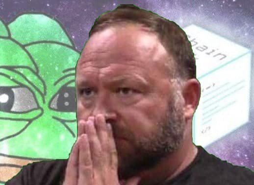 A man with a beard holds his hands together in a prayer-like gesture, with a meme of "Baby Yoda" and a "Chainlink" (LINK) graphic visible in the background. The prayer pose humorously conveys hope or pleading, fitting the post's request to find examples of protocols migrating from Chainlink to LayerZero.