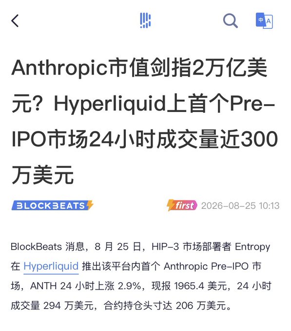 The image is a BlockBeats news article dated August 25, 2026, reporting that HIP-3 market deployer Entropy launched the first Anthropic Pre-IPO market on Hyperliquid, where the ANTH token was trading at $1,965.4 (up 2.9% in 24 hours) with a 24-hour trading volume of approximately $2.94 million and open interest of $2.06 million, illustrating the crypto market's growing speculation on Anthropic ahead of its potential IPO reaching a $2 trillion valuation.