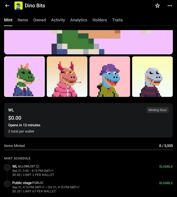 An OpenSea mint page for the "Dino Bits" NFT collection, showing a $0.00 free mint opening in 13 minutes for WL allowlist (limited to 2 per wallet) and a public stage at $0.20 with 67 per wallet limit, out of 5,555 total items. The pixel-art dinosaur characters displayed align with the post promoting this free mint opportunity for eligible wallets.