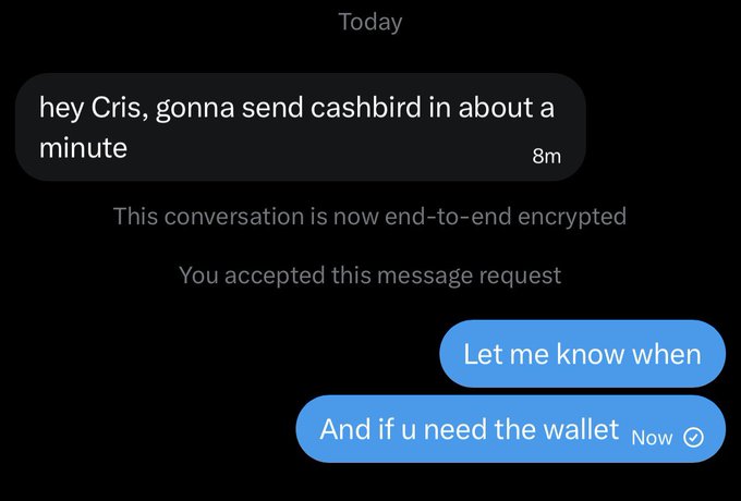 A text message conversation showing someone saying they'll send "cashbird" in about a minute, followed by end-to-end encryption confirmation, with replies "Let me know when" and "And if u need the wallet" — illustrating the casual slang "put the bird in my bag" likely referring to receiving funds sent via Cash App.