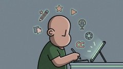 A cartoon illustration of a bald boy in a green shirt using a laptop, with creative icons like pencils, stars, and symbols floating around his head.