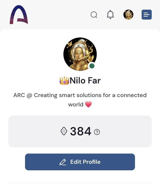 The image shows a social media profile page with a white background, blue header, and a gold-colored profile picture of a woman wearing a crown. The profile has a message that reads "I'M happy to have reached 384 points, but this is not the end of the journey. Keep up the great work and stay active in @arc We're not here just for points we're here to build @arc together". This post seems to be about celebrating achievements or milestones on social media platforms.