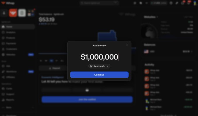 A pop-up window shows an "Add money" dialog with "$1,000,000" entered as the amount and "Bank transfer" selected as the funding method, demonstrating the crypto bank onramp's ability to handle massive wire/ACH transactions for stablecoin conversion via API.