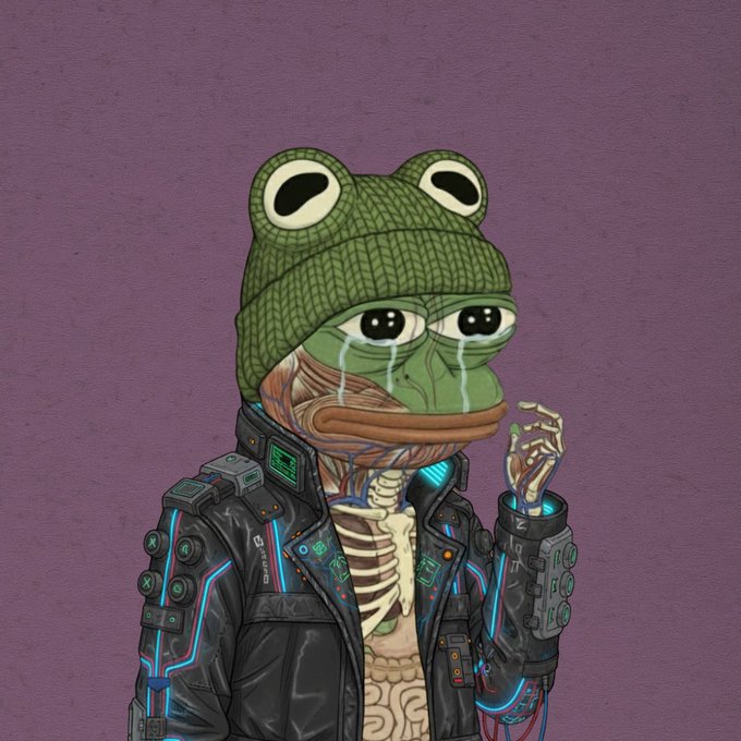An illustrated image of Pepe the Frog crying, wearing a frog-shaped knit hat and a cyberpunk-style jacket, with exposed skeletal and circulatory system details.