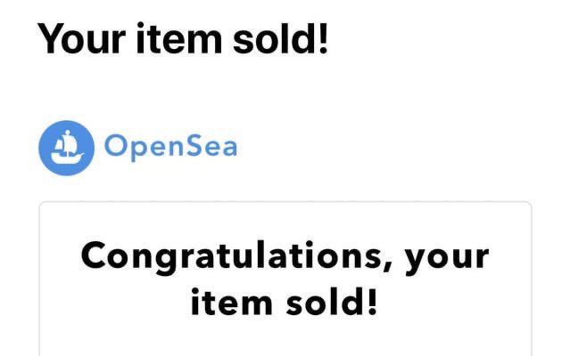 An OpenSea notification email reading "Your item sold! Congratulations, your item sold!"—paired with a nostalgic post recalling how exciting those messages felt during the early NFT boom of 2021, before the market crashed.