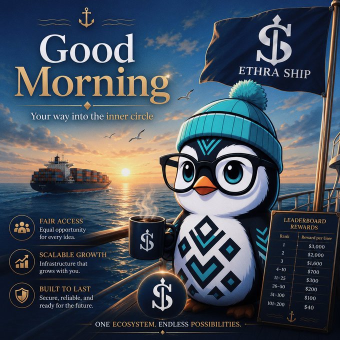 Marketing poster titled "Good Morning" for "ETHRA SHIP" featuring a penguin mascot in a beanie and glasses holding a coffee mug, with sections for FAIR ACCESS, SCALABLE GROWTH, BUILT TO LAST, and a LEADERBOARD REWARDS table ranging from $3,000 (Rank 1) down to $40 (Rank 101-200).