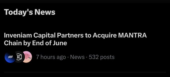 The image shows a post from Inveniam Capital Partners to acquire Mantra Chain by End of June, with a focus on the topic of investing in mantra chain. The post includes a link to the company's website for more information about their investment opportunity.