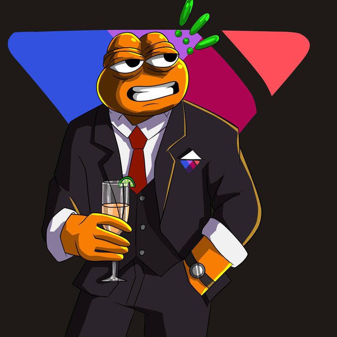 A cartoon illustration of a small orange alien-like character wearing a formal black suit and red tie, holding a champagne glass against a geometric background.