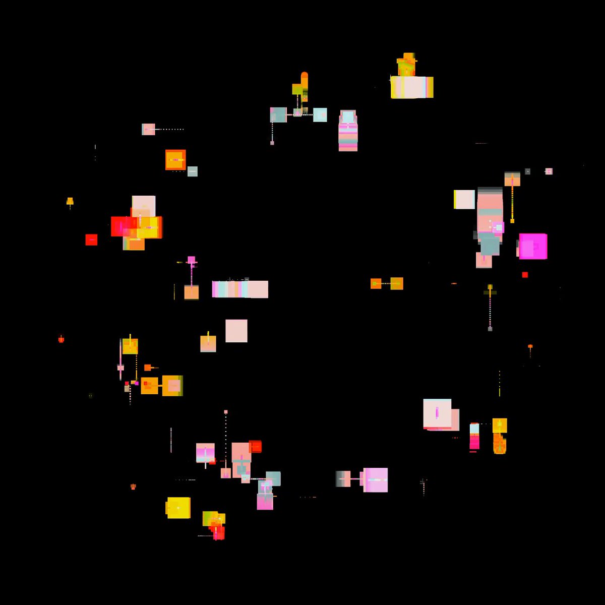 The image shows a black background with numerous small squares of different colors, including pink, yellow, orange, green, blue, purple, and white. The squares are arranged in various patterns and positions, creating an abstract and visually interesting scene. The text "Traces." is present at the bottom right corner of the image, which might be a description or reference to the content within the image.