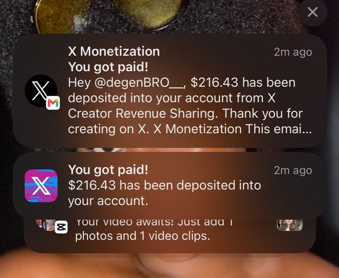 A screenshot shows two notifications from X Monetization informing user @degenBRO__ that $216.43 has been deposited into their account from X Creator Revenue Sharing, celebrating their creator earnings. This aligns with the post's message of "Garri funds secured" — referencing the recent payout received from content creation on the platform.