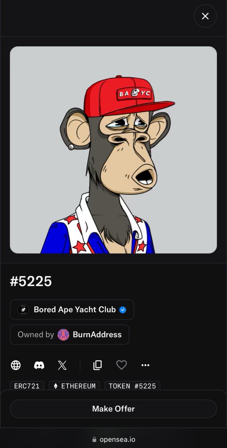 OpenSea listing for Bored Ape Yacht Club NFT #5225, owned by 'BurnAddress', showing a cartoon ape wearing a red cap that says 'BAYC'.