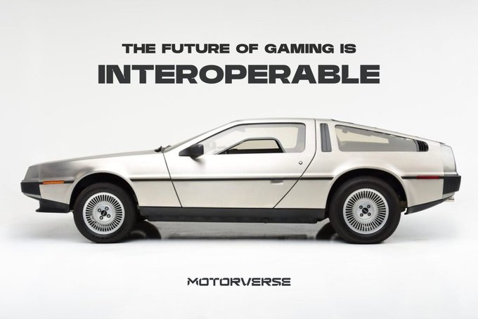 A side-profile image of a DeLorean DMC-12 with the text "THE FUTURE OF GAMING IS INTEROPERABLE" above and "MOTORVERSE" below on a white background.
