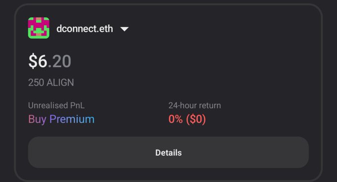 The image shows a crypto asset card for "dconnect.eth" displaying a current value of $6.20 (250 ALIGN tokens), with unrealized PnL to buy Premium and a 0% 24-hour return, illustrating the modest $6 return from the user's long-term holdings.