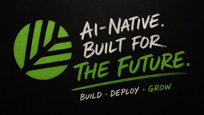 A black graphic with a green logo and white/green text reading "AI-NATIVE. BUILT FOR THE FUTURE. BUILD • DEPLOY • GROW".